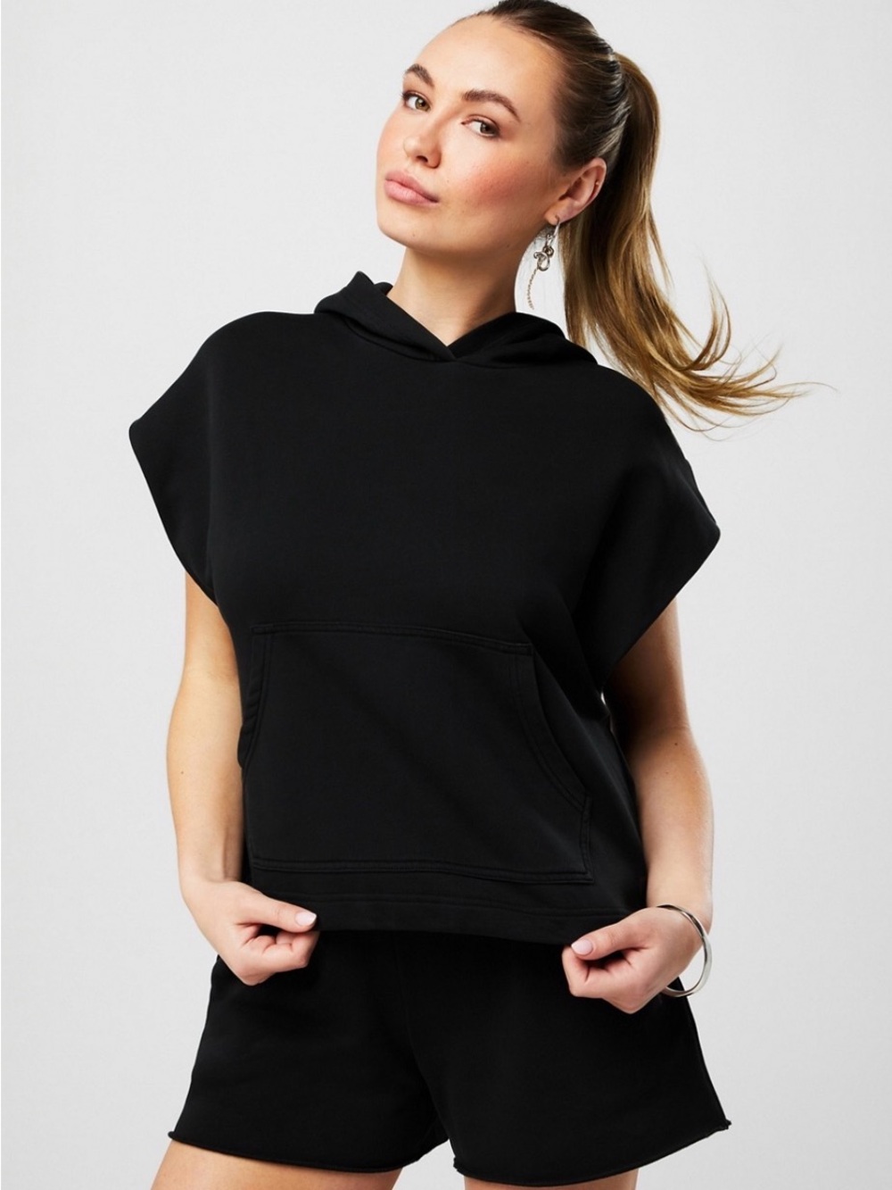 NWT Fabletics Black Hooded Cap-Sleeve Sweat Top